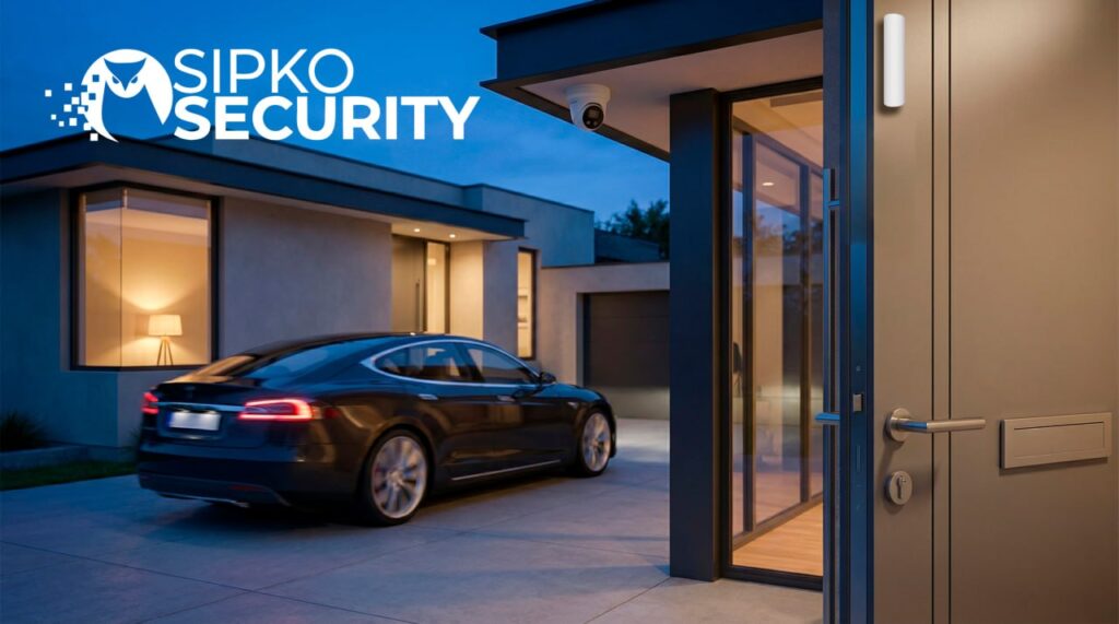 Home security setup showing locked doors, smart alarm system, and surveillance cameras while homeowner is away