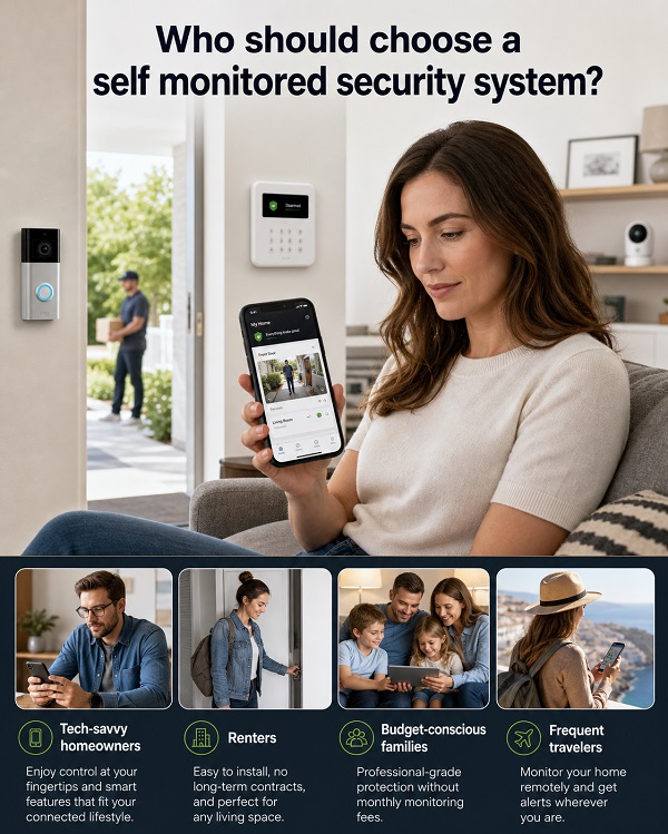 Homeowner checking mobile security alerts for a property
