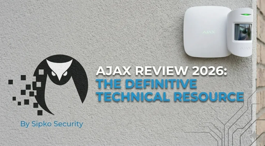 Cover page for AJAX Review 2026 technical resource guide by Sipko Security, featuring AJAX security system hardware (hub and motion sensor) mounted on a wall.