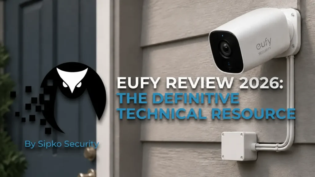 Eufy Security camera mounted on a light-colored brick wall with white cabling and junction box, alongside the Sipko Security logo and text reading 'Eufy Review 2026: The Definitive Technical Resource'