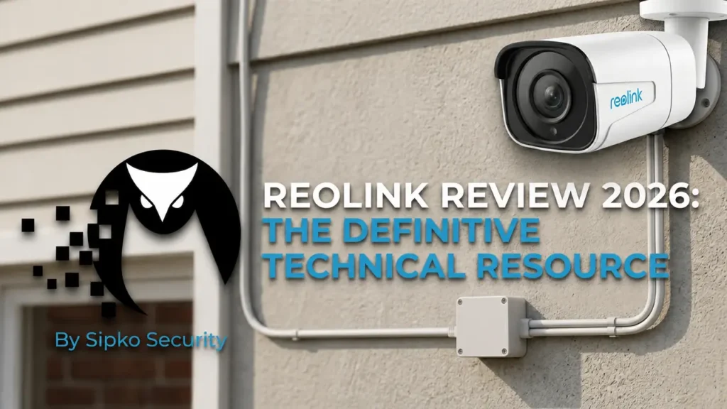 Reolink Security camera mounted on a light-colored brick wall with white cabling and junction box, alongside the Sipko Security logo and text reading 'Reolink Review 2026: The Definitive Technical Resource'