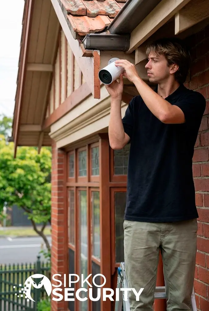 Balaclava CCTV technician checking camera angle, playback and recorder settings