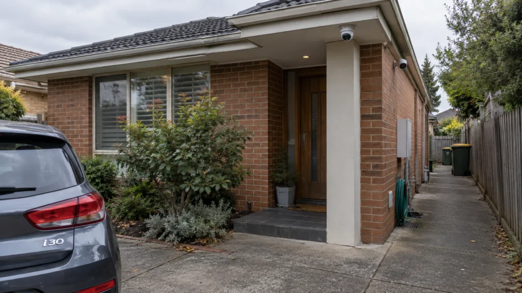 Home security cameras covering the entrance and side access of a Melbourne property