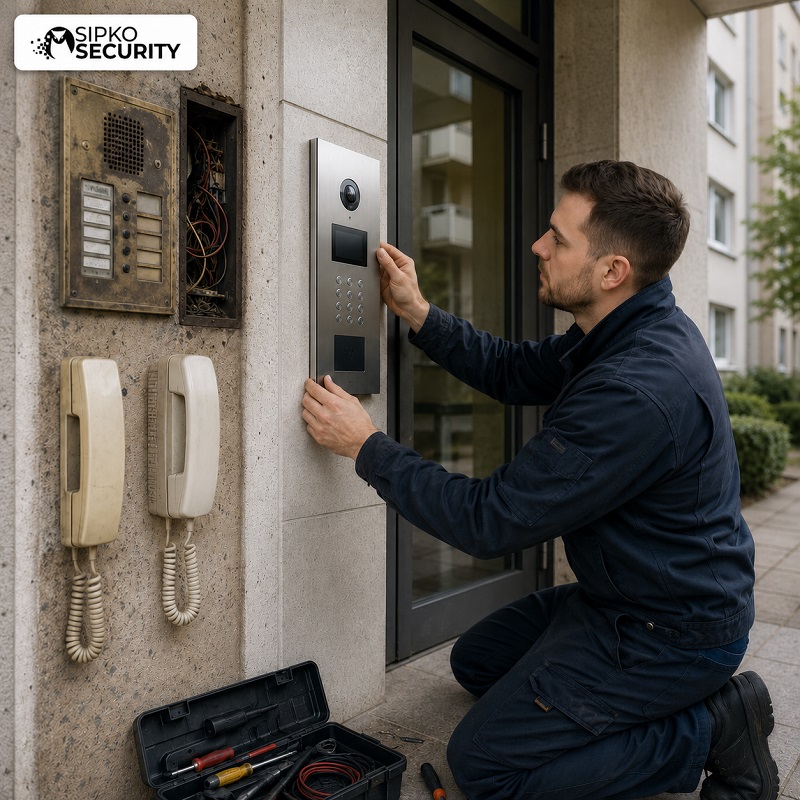 Apartment intercom entry panel being replaced beside old handset wiring in Melbourne