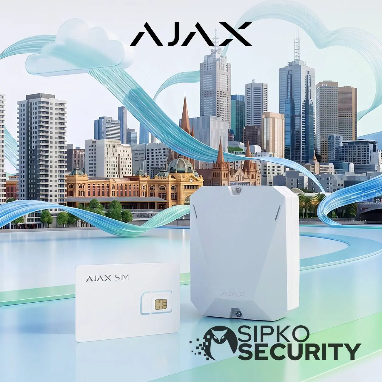 Ajax Hub 2 Plus alarm panel and Ajax SIM card supplied by Sipko Security, with the Melbourne skyline in the background