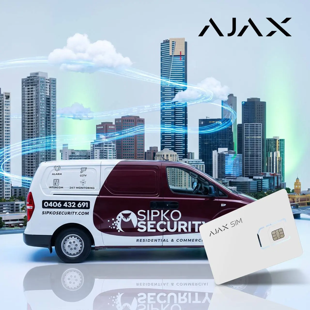 Sipko Security branded service van with an Ajax SIM card, parked with the Melbourne skyline in the background