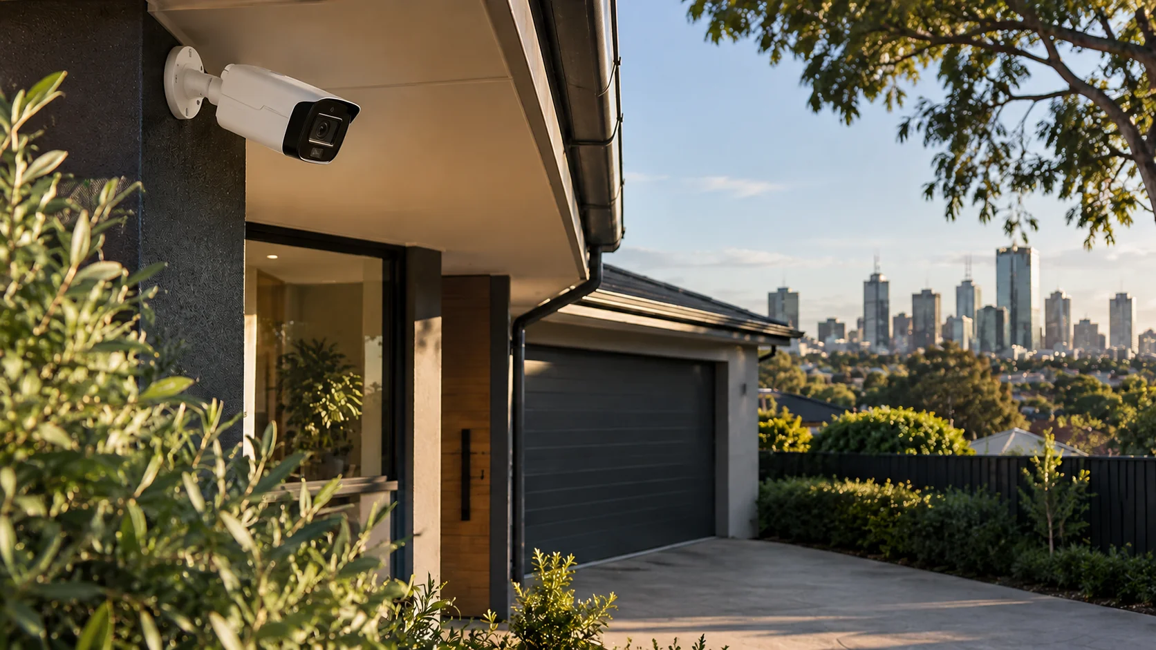 CCTV camera installed on a modern Melbourne home overlooking the driveway - SIPKO Security CCTV camera installed on a modern Melbourne home overlooking the driveway