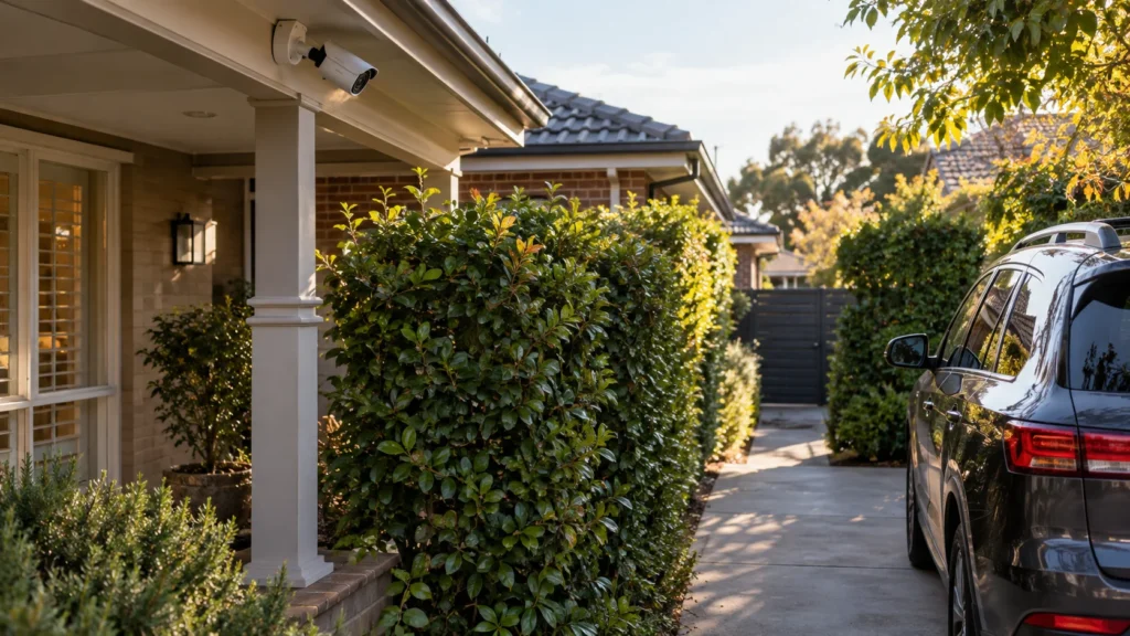 CCTV camera overlooking a Melbourne home driveway partly obscured by landscaping
