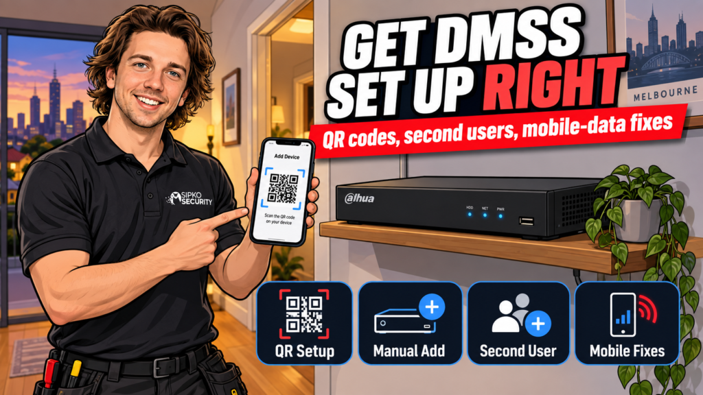 Sipko Security installer demonstrating DMSS app setup on a smartphone next to a Dahua NVR