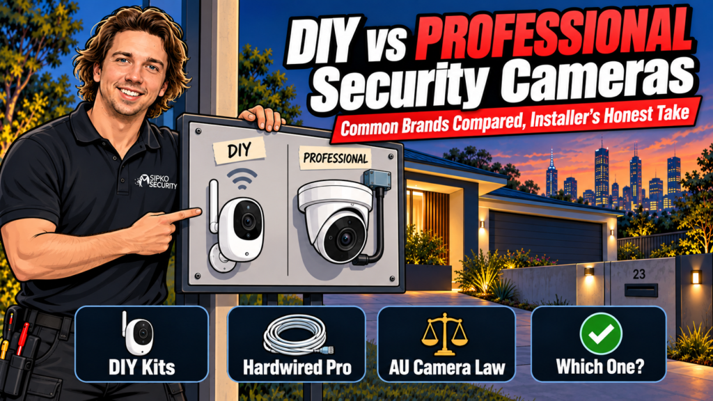Sipko Security installer comparing a DIY wireless camera and a professional hardwired camera