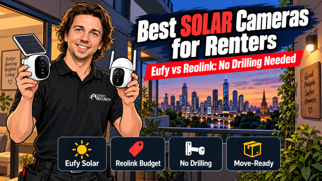 Sipko Security installer comparing Eufy and Reolink battery and solar security cameras for renters