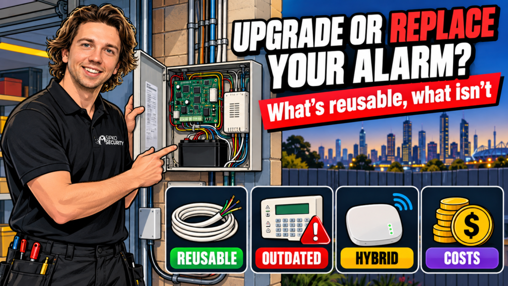 Sipko Security installer holding an open alarm panel, upgrade vs replace illustration - SIPKO Security Sipko Security installer holding an open alarm panel, upgrade vs replace illustration