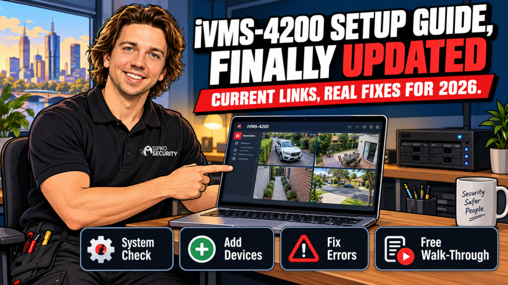 Sipko Security installer pointing at a laptop showing the iVMS-4200 setup guide live-view screen