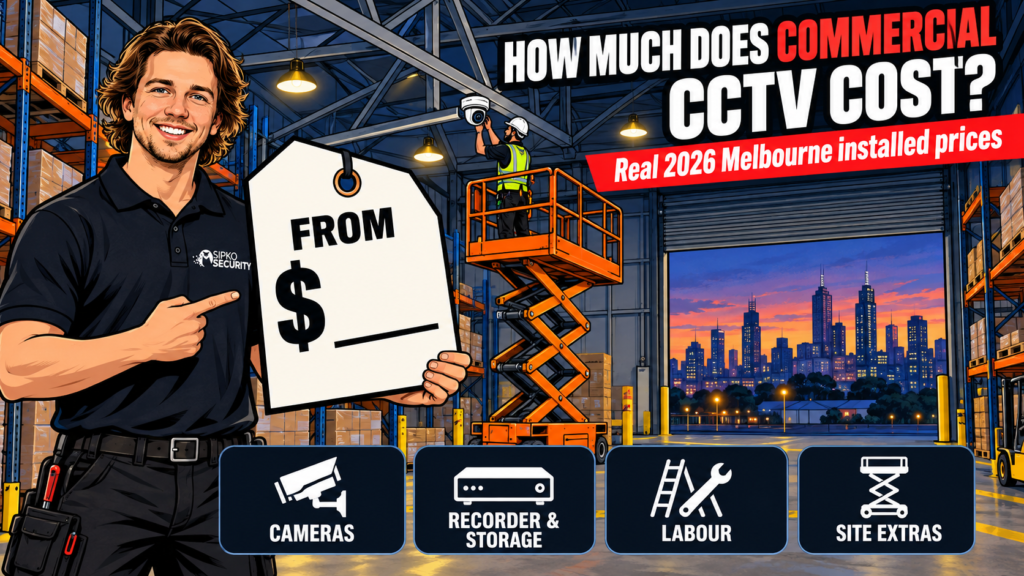 commercial-cctv-cost-melbourne-2026.jpg - SIPKO Security Sipko Security installer in a Melbourne warehouse explaining commercial CCTV installation costs for 2026