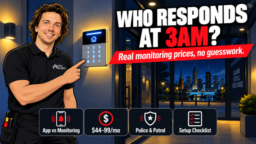 Sipko Security installer illustration explaining who responds to a business alarm monitoring call at 3am