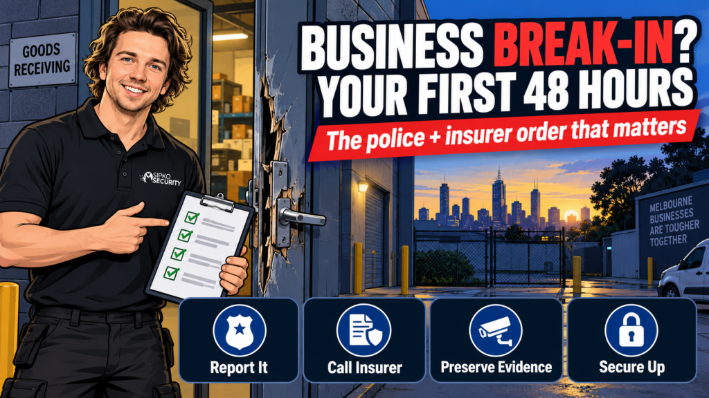 Sipko Security installer explaining what to do in the first 48 hours after a business break-in in Melbourne