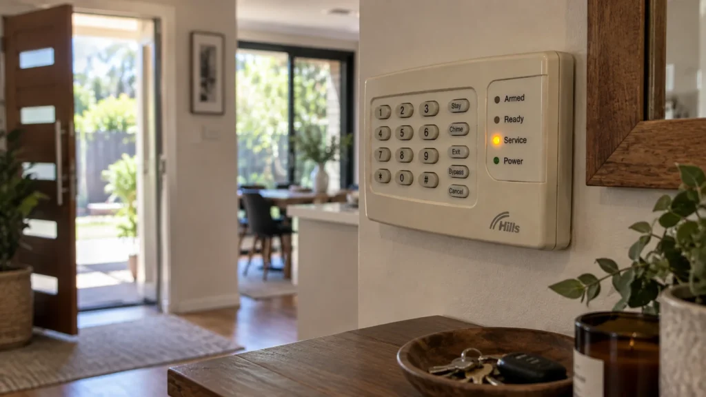 Hills Reliance alarm keypad with the Service light illuminated - SIPKO Security Hills Reliance alarm keypad with the Service light illuminated