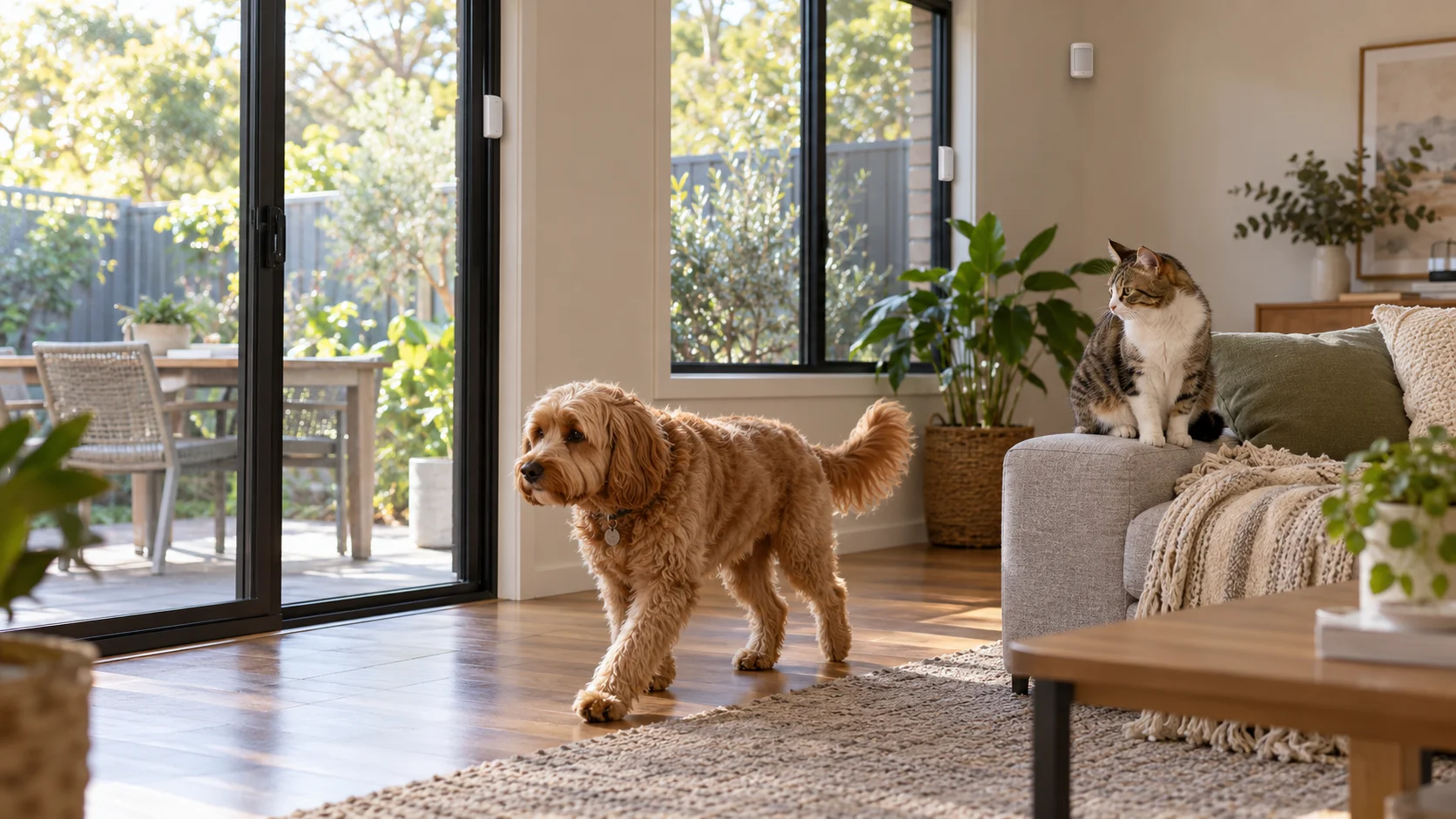 Living room with a cat and a dog, a motion detector on the wall and door and window sensors, the parts an alarm checks all day