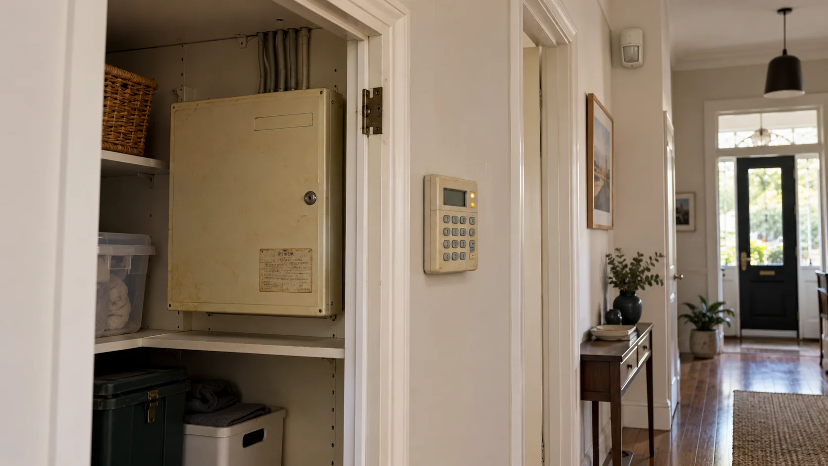 Older Crow PowerWave alarm system with a trouble indication in a Melbourne home - SIPKO Security Older Crow alarm panel showing a trouble indication in a Melbourne home
