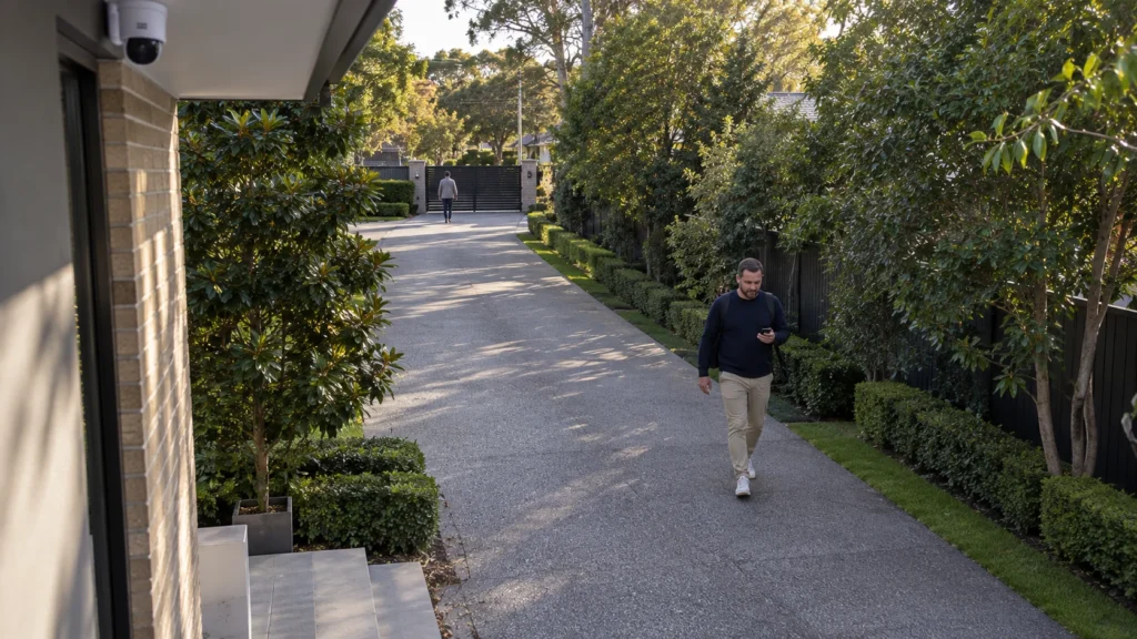 Security camera view along a long Melbourne driveway with people visible at different distances