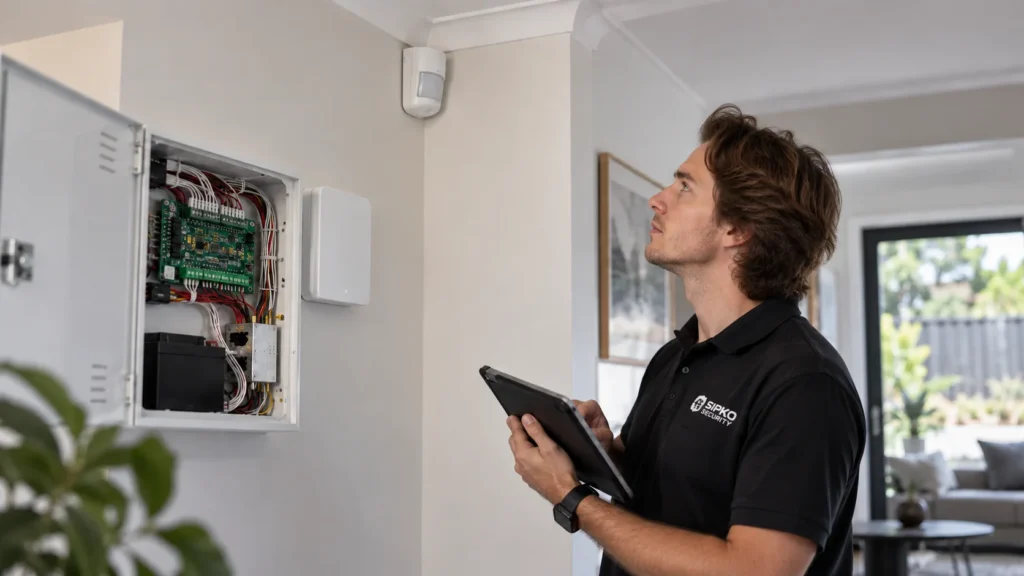 Technician assessing an existing wired alarm sensor for reuse with a modern system - SIPKO Security Technician assessing an existing wired alarm sensor for reuse with a modern system