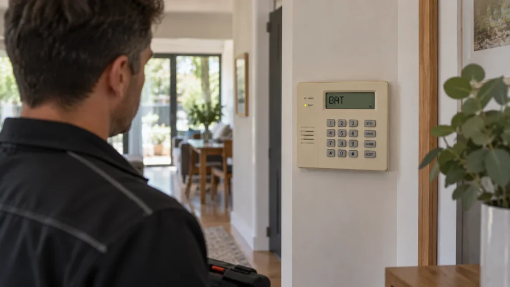 Technician checking a BAT trouble indication on an older Vista alarm keypad - SIPKO Security Technician checking a BAT trouble indication on an older Vista alarm keypad