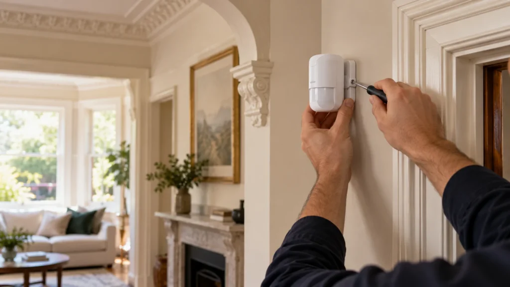 Wireless alarm detector being carefully mounted in a finished period home - SIPKO Security