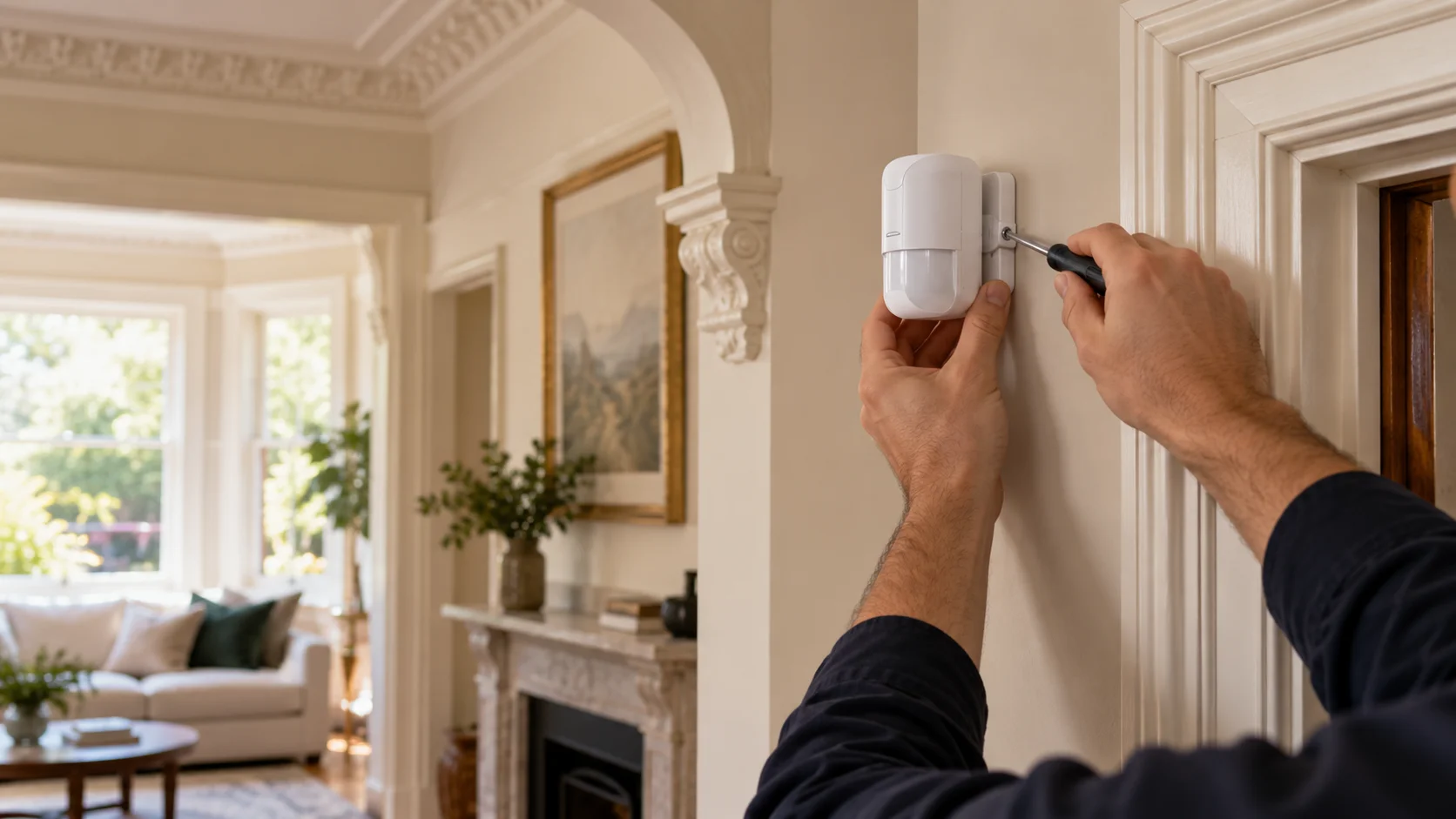 Wireless alarm detector being carefully mounted in a finished period home - SIPKO Security Installer fitting a new wireless alarm detector to the wall of a period home, an example of a partial upgrade