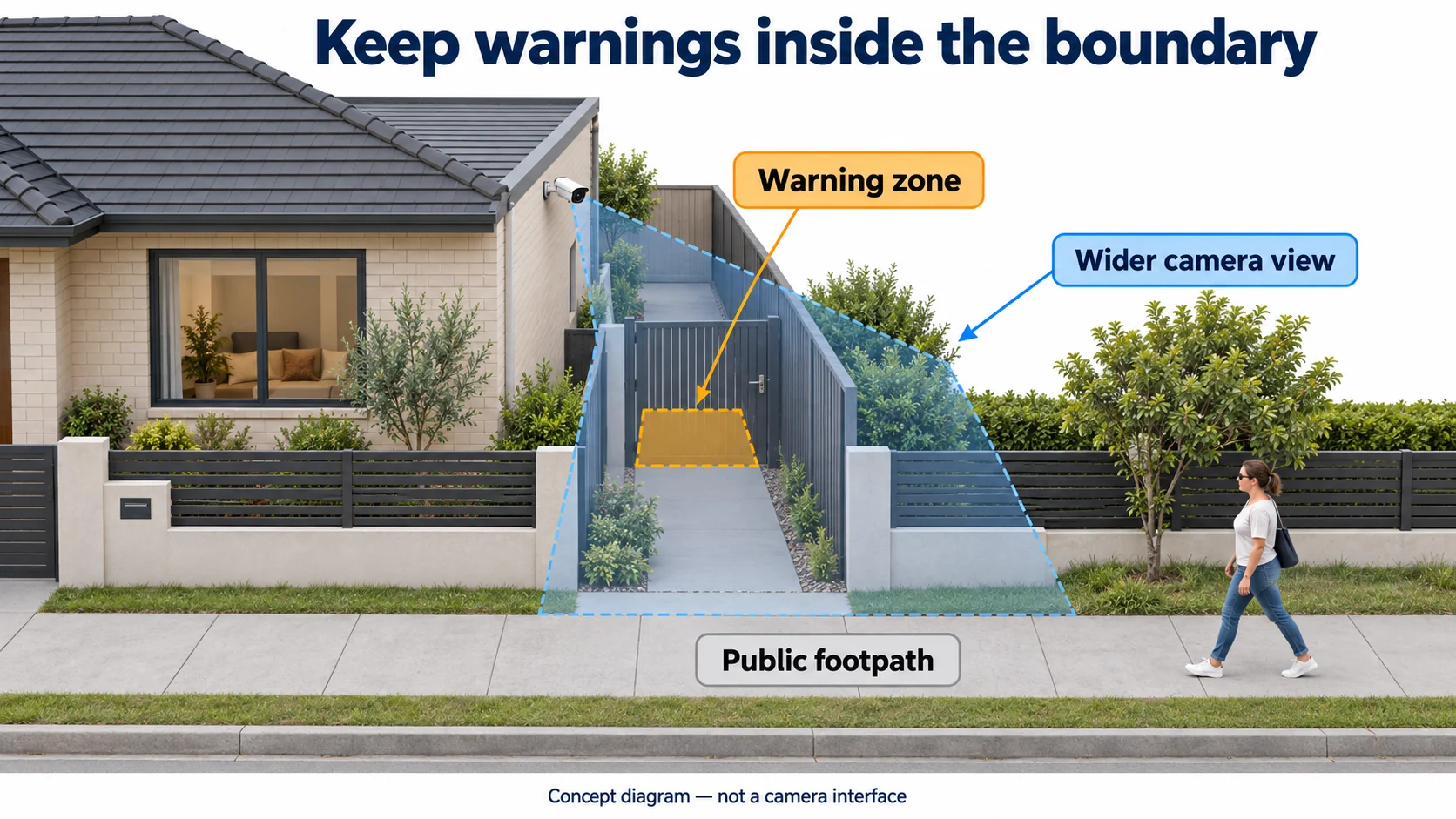 Active deterrence warning zone and public footpath - SIPKO Security Concept diagram showing a small warning zone near a side gate, separate from the public footpath.