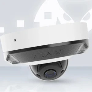 AJAX DomeCam Mini HL white dome camera with hybrid illumination, front three-quarter view
