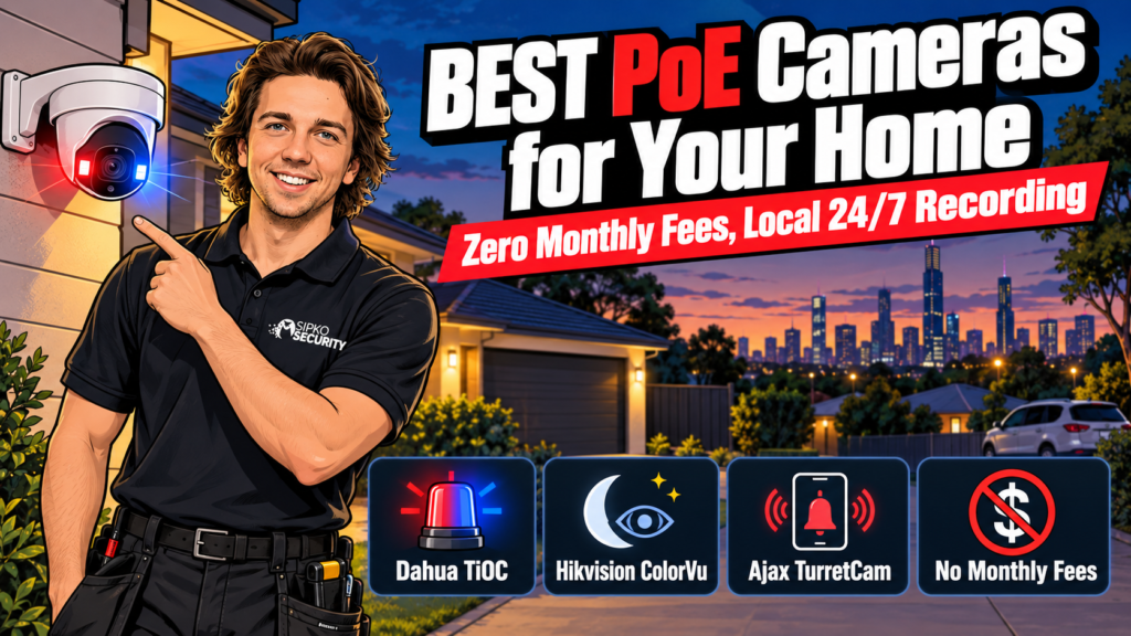 Sipko Security installer pointing at a hardwired PoE security camera on a home driveway at dusk