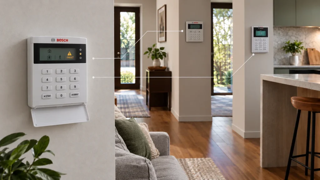 bosch-alarm-beeping-fault-codes-troubleshooting - SIPKO Security Bosch alarm keypads showing different fault troubleshooting interfaces in a Melbourne home