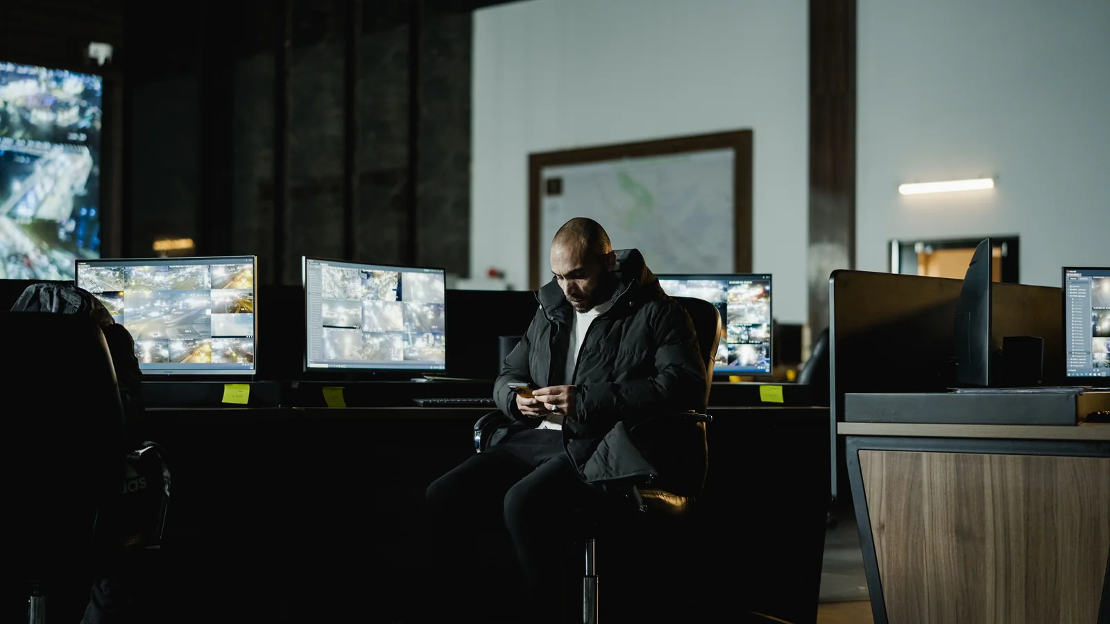 Man seated in a CCTV control room with multiple surveillance monitors