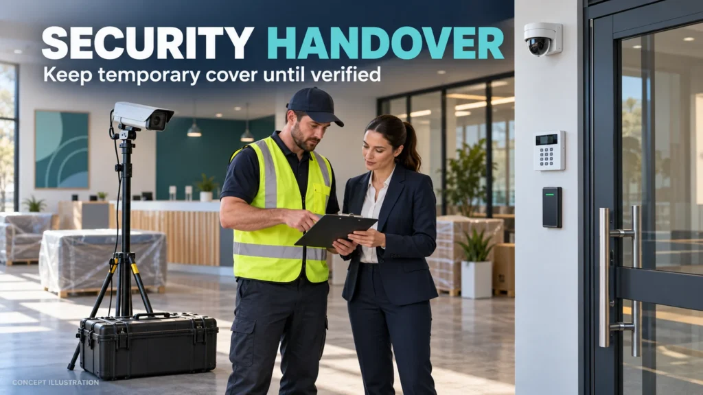 Concept illustration of an installer and manager reviewing a clipboard beside temporary CCTV and wall-mounted security devices in a commercial fit-out.
