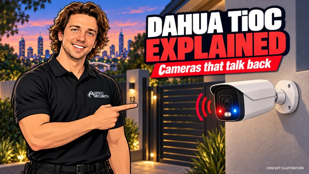 Dahua TiOC explained — SIPKO featured concept - SIPKO Security Illustration of Serhii Sipko pointing toward a security camera with warning lights and sound-wave symbols.