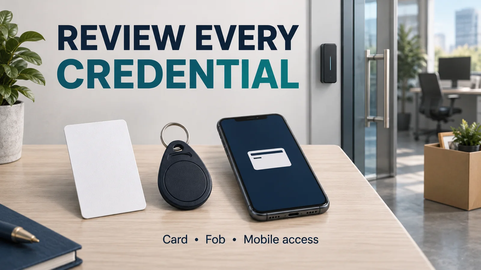 Door access cards, fobs and mobile credentials — concept - SIPKO Security Concept illustration of an access card, key fob and phone beside a commercial door reader, labelled Review Every Credential.