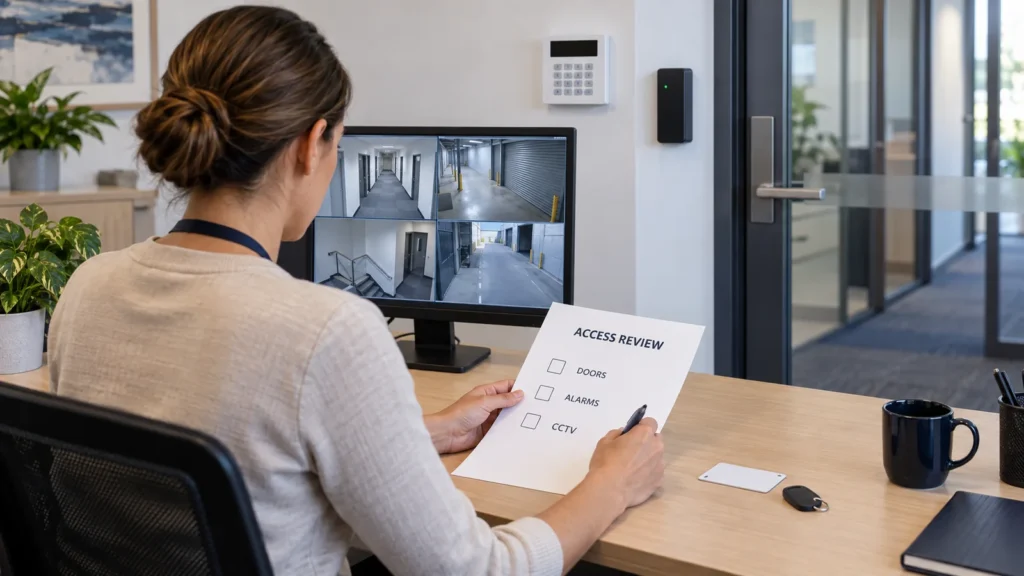 Employee security-access review — featured concept - SIPKO Security Concept illustration of a security administrator reviewing door, alarm and CCTV access beside a card, fob and camera monitor.