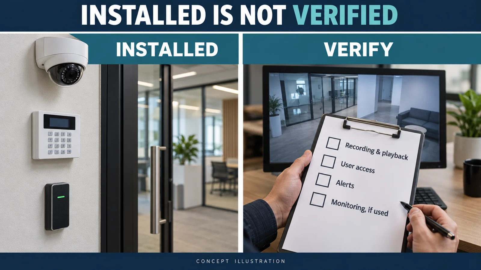 Concept illustration comparing installed security devices with an unchecked recording, user access, alerts and monitoring checklist.