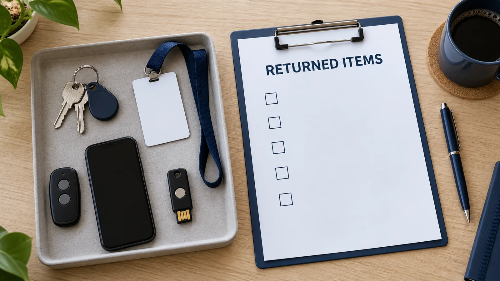 Returned security items — handover concept - SIPKO Security Concept illustration of keys, a fob, access card, remote, phone and USB token beside a Returned Items checklist.