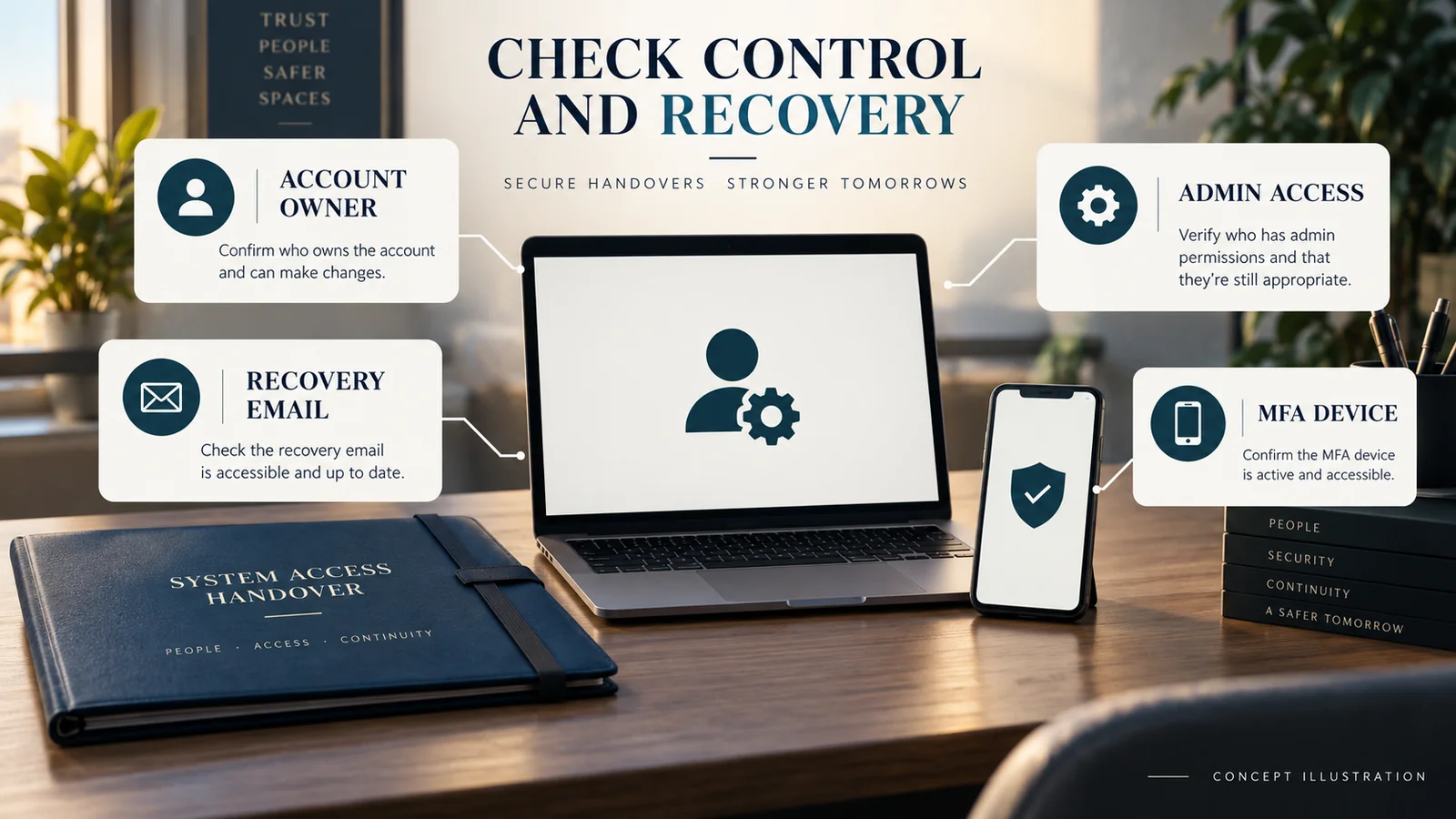 Security account control and recovery — concept - SIPKO Security Concept illustration of a laptop and phone with callouts for account owner, administrator access, recovery email and MFA device.