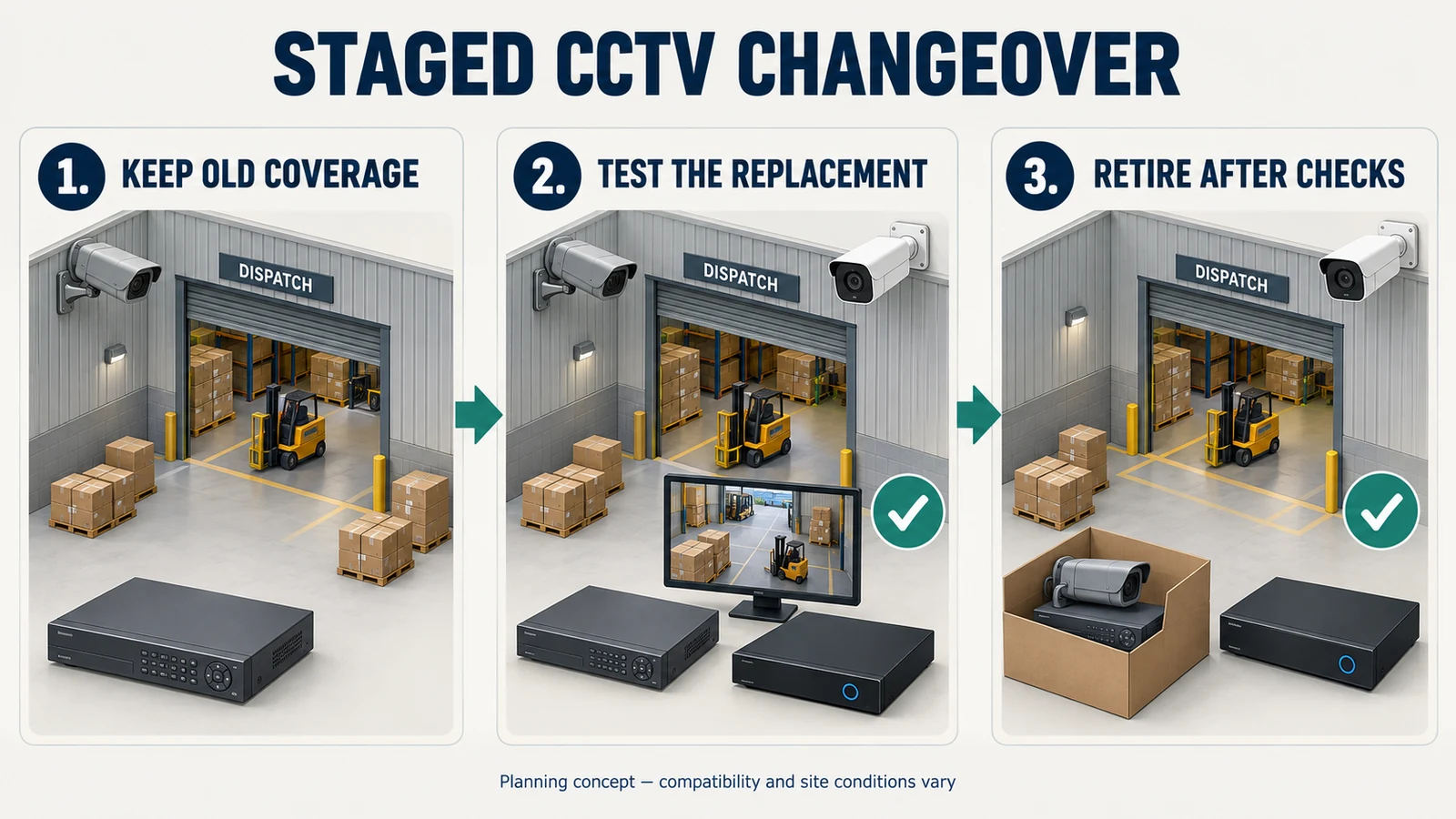 Staged CCTV changeover — planning concept - SIPKO Security Three-stage CCTV changeover illustration: keep old coverage, test the replacement, then retire old equipment after checks.