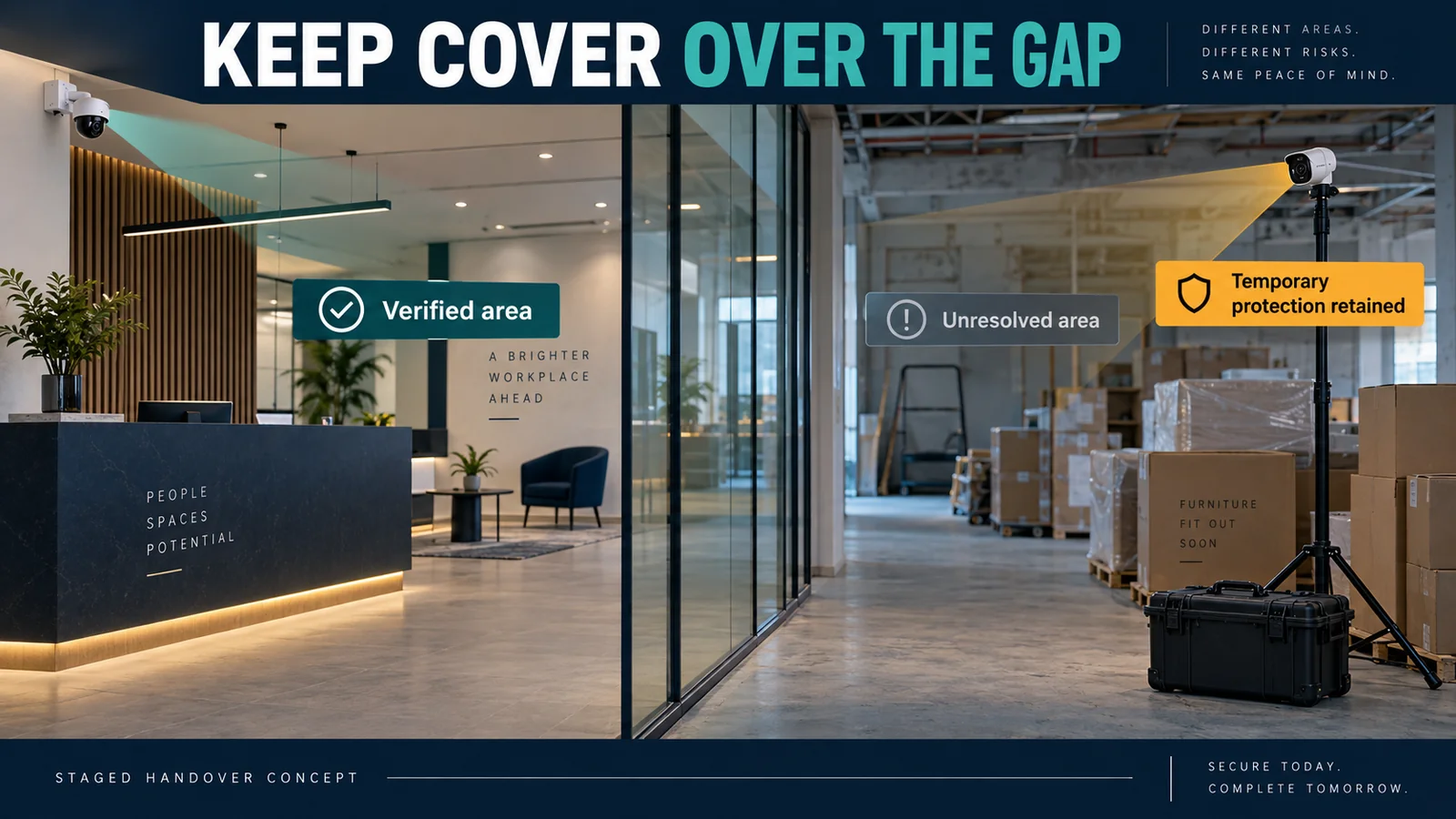 Staged handover concept showing a permanent camera in a verified reception area and temporary CCTV retained over an unresolved fit-out area.