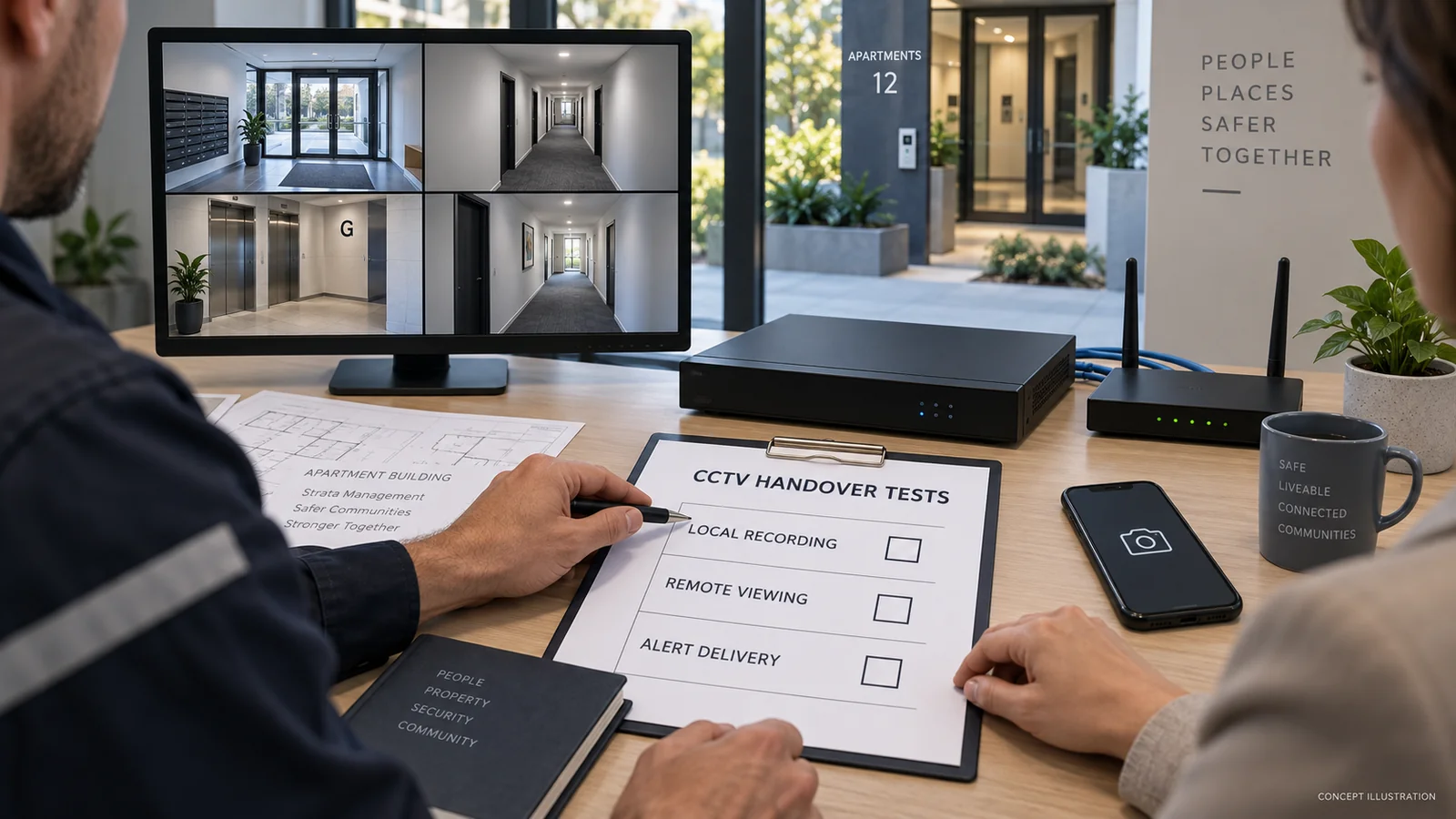Strata CCTV handover tests — concept - SIPKO Security Concept illustration of two people reviewing a CCTV handover test sheet beside a recorder, router, phone and camera monitor.