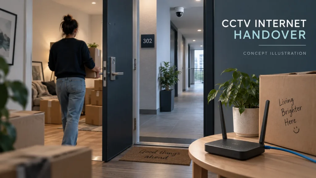Strata CCTV internet handover — featured concept - SIPKO Security Concept illustration of a resident moving boxes beside an apartment doorway, with a router in the foreground and CCTV camera in the corridor.