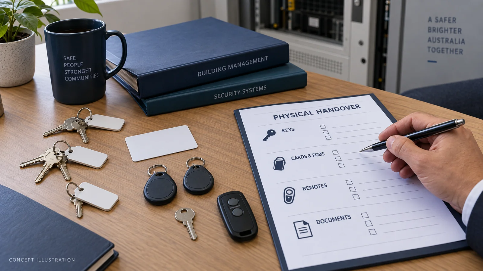 Strata keys and fobs — physical handover concept - SIPKO Security Concept illustration of keys, access fobs, a blank card and a remote beside a physical handover checklist and document folders.