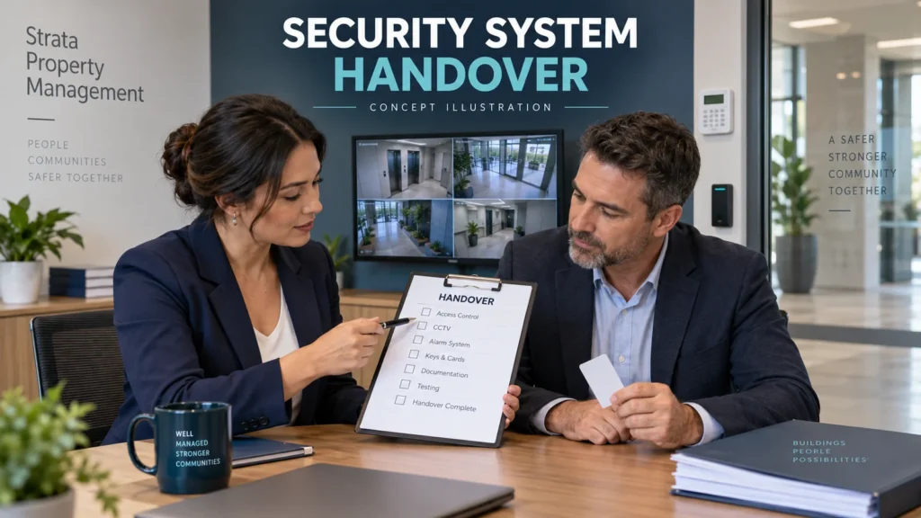 Strata security-system handover — featured concept - SIPKO Security Concept illustration of two property managers reviewing a security handover checklist beside a CCTV monitor, alarm keypad and access reader.