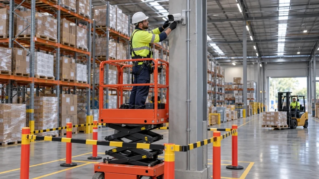 Warehouse CCTV upgrade — installation concept - SIPKO Security Concept illustration of a CCTV technician on a scissor lift, separated from a forklift operating in a warehouse.