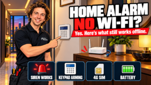 Sipko Security installer pointing at an alarm keypad beside an unplugged router