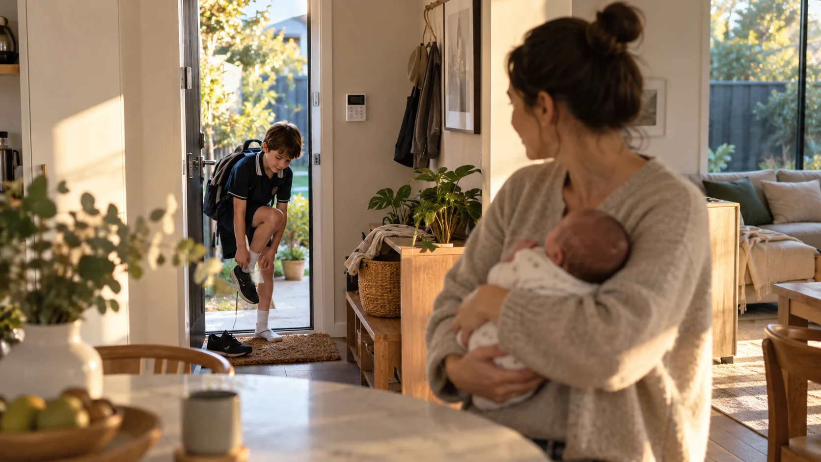 Older child arriving home while a parent holds a newborn near the home alarm keypad - SIPKO Security Duress code scenario — family arriving home near a monitored alarm keypad