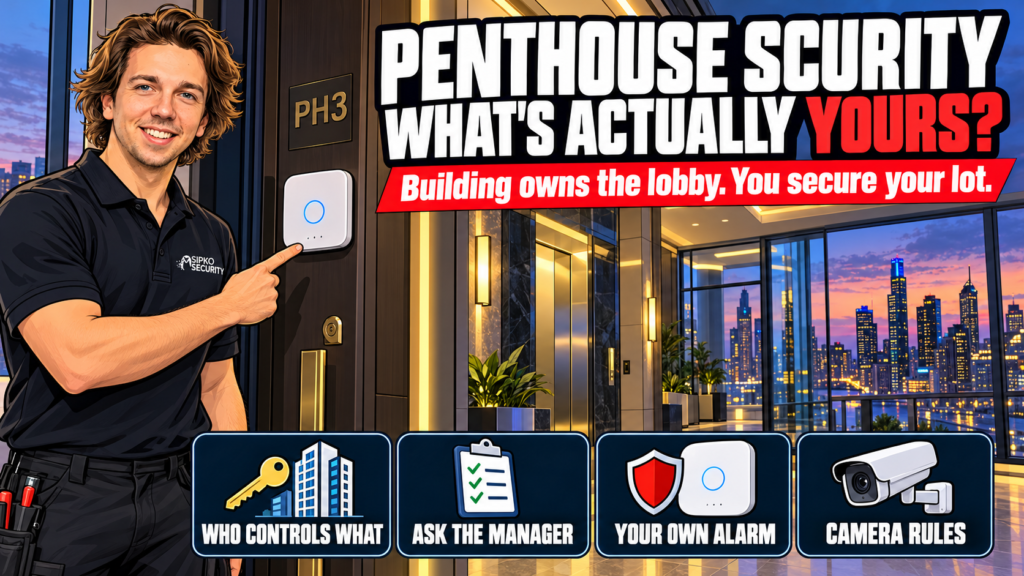 Penthouse Security_ Know Whats Yours - SIPKO Security Sipko Security installer pointing at a wall-mounted alarm hub beside a penthouse front door, illustrating penthouse security in a managed apartment building